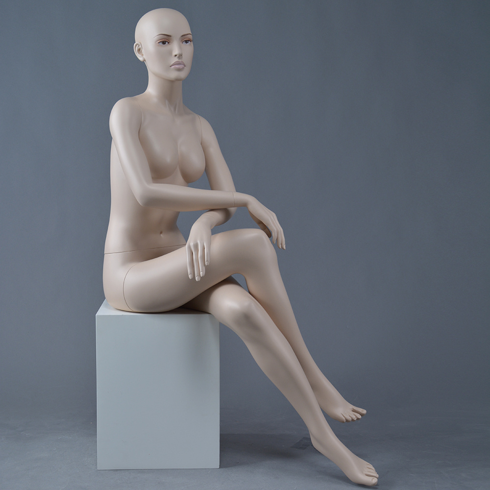 Realistic makeup face full body sitting skin color voluptuous big boobs nude female seated mannequin