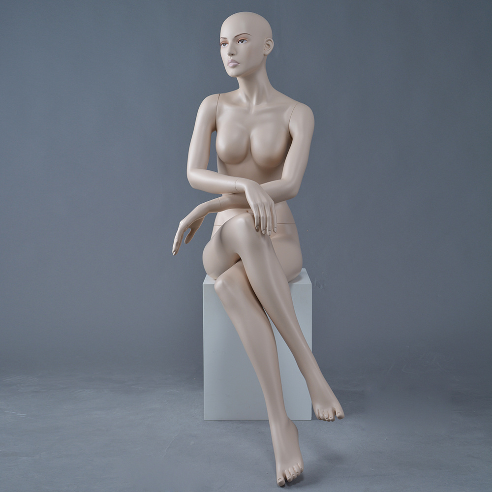 Realistic makeup face full body sitting skin color voluptuous big boobs nude female seated mannequin