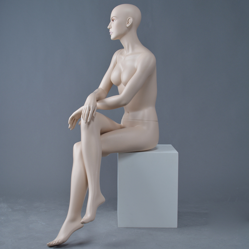 Realistic makeup face full body sitting skin color voluptuous big boobs nude female seated mannequin