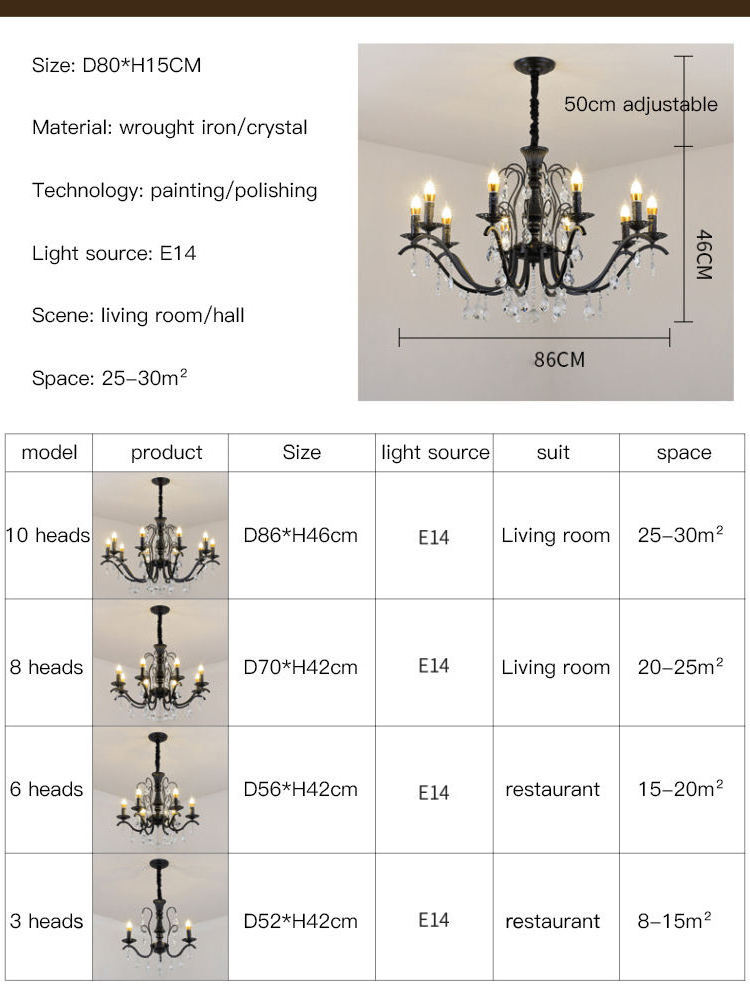 New Design Adjustable Light  Iron Art Crystal Farmhouse Black  Lamp  Chandelier Ceiling Light