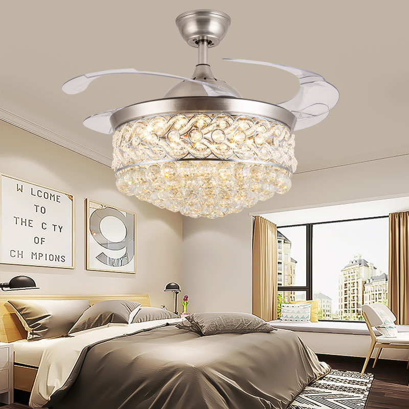 3-Color Change Invisible Retractable ABS Blade Crystal LED Ceiling Chandelier Fan Lamp with LED Light