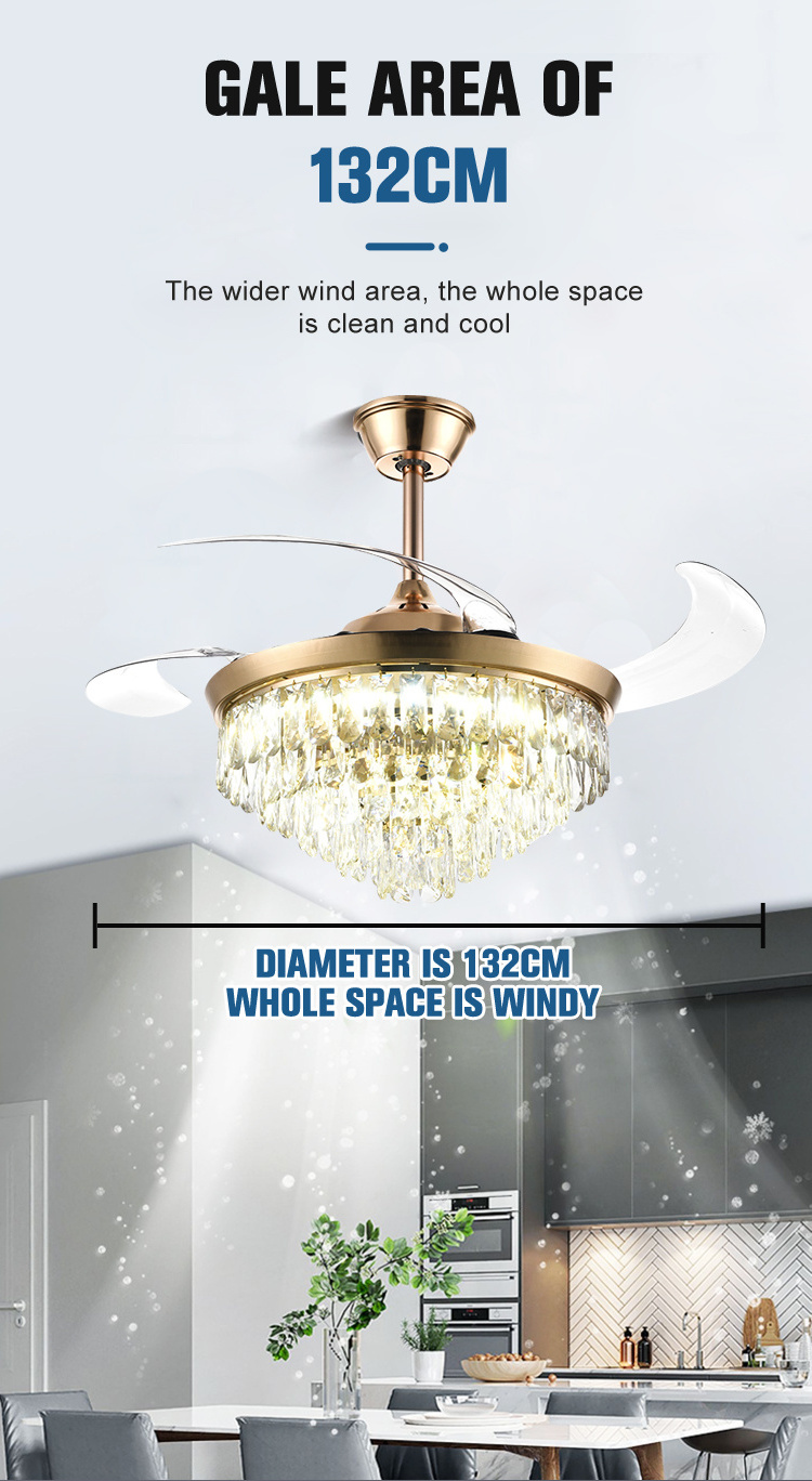 Modern 42 48 52 Inch Led Chandelier Dimmable Abs Blade Retractable Invisible Crystal Ceiling Fan Light