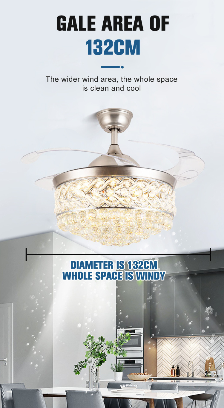 3-Color Change Invisible Retractable ABS Blade Crystal LED Ceiling Chandelier Fan Lamp with LED Light