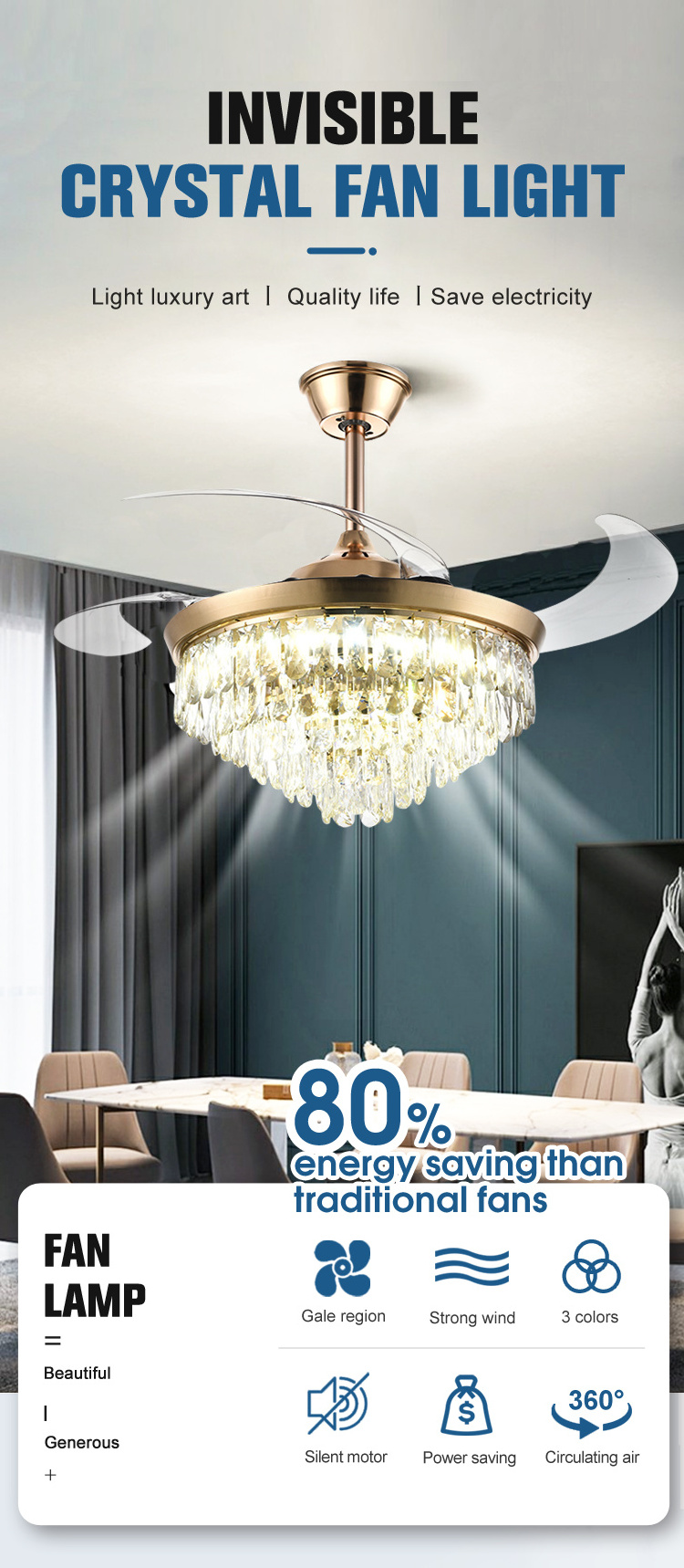 Modern 42 48 52 Inch Led Chandelier Dimmable Abs Blade Retractable Invisible Crystal Ceiling Fan Light