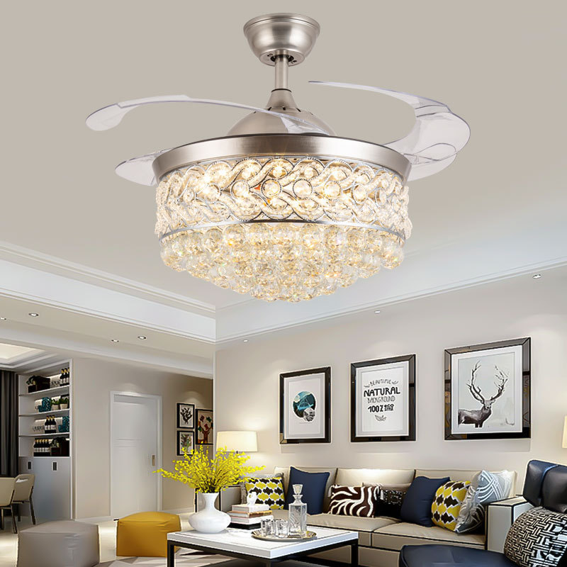 3-Color Change Invisible Retractable ABS Blade Crystal LED Ceiling Chandelier Fan Lamp with LED Light