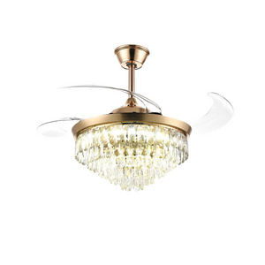 Modern 42 48 52 Inch Led Chandelier Dimmable Abs Blade Retractable Invisible Crystal Ceiling Fan Light