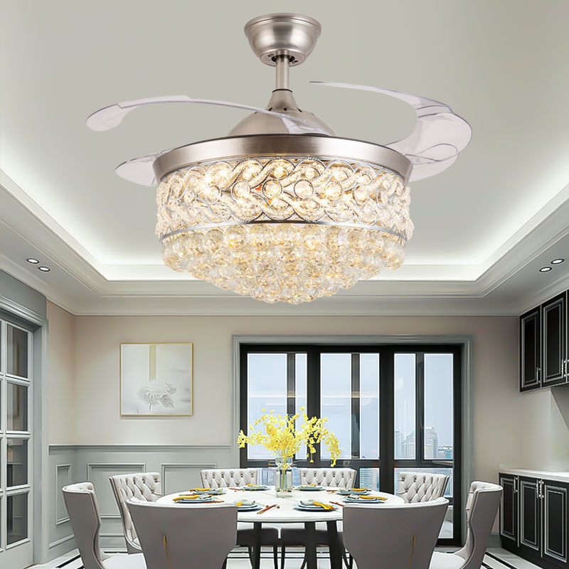 3-Color Change Invisible Retractable ABS Blade Crystal LED Ceiling Chandelier Fan Lamp with LED Light