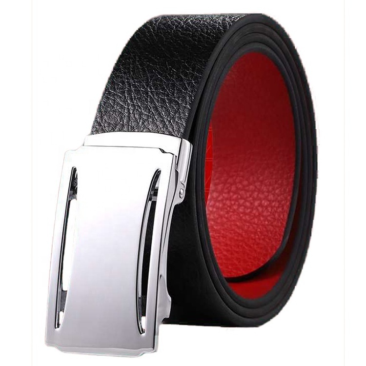 Black Leather Men Baseball Belts with Custom Logo Automatic Buckle