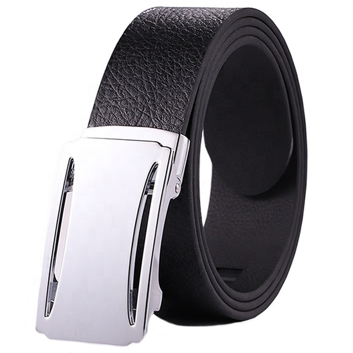 Black Leather Men Baseball Belts with Custom Logo Automatic Buckle