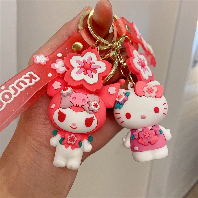 Lovely Cartoon Hello Cat Melody Keychain with Sakura Pendant 3D Doll Key Chain Wholesale Custom Bag Decoration Girl Gift