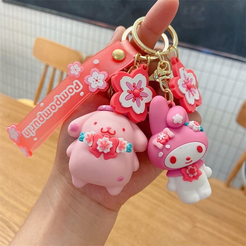 Lovely Cartoon Hello Cat Melody Keychain with Sakura Pendant 3D Doll Key Chain Wholesale Custom Bag Decoration Girl Gift