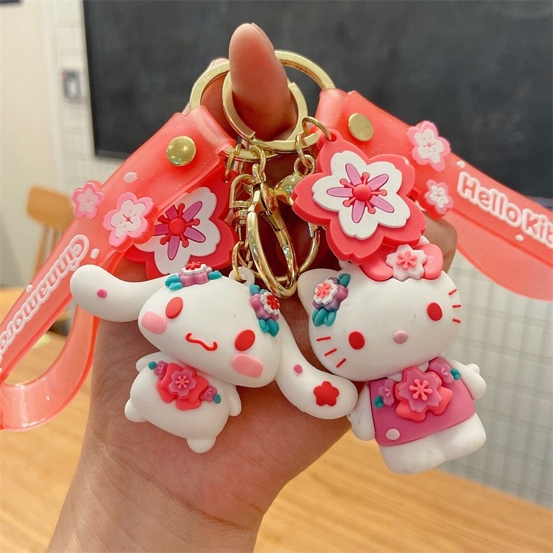 Cute Kuromi Melody cinnamoroll pompom purin Anime Cartoon Keychains Kawaii Sakura doll Keychain sanrio wholesale