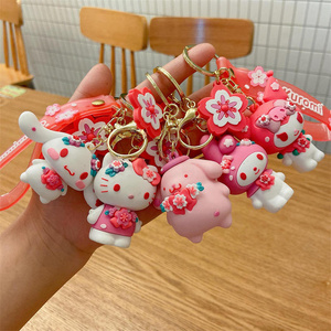 Lovely Cartoon Hello Cat Melody Keychain with Sakura Pendant 3D Doll Key Chain Wholesale Custom Bag Decoration Girl Gift