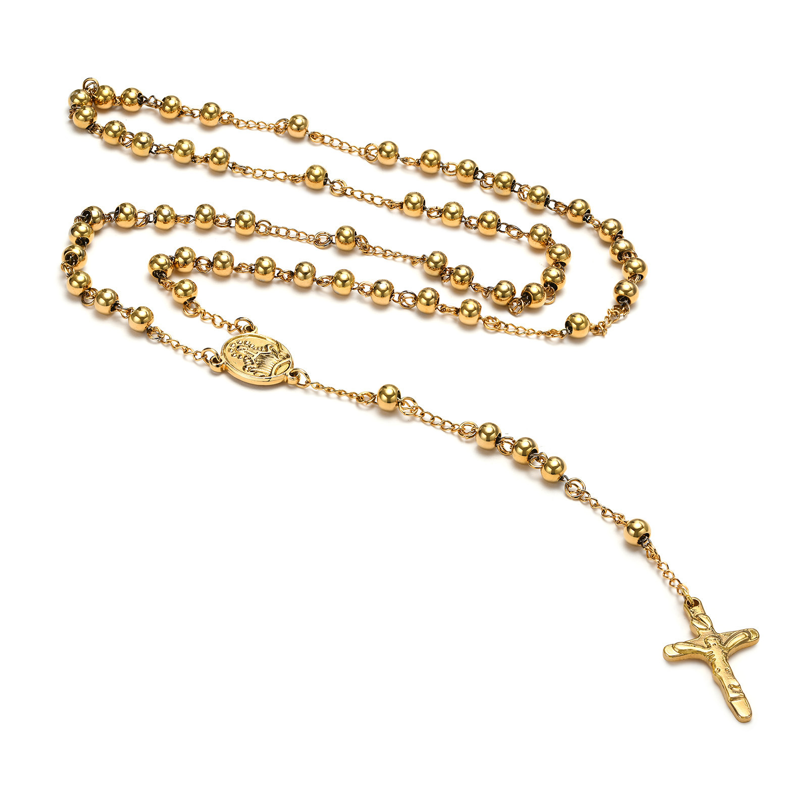 Classical Rosary Beads Catholic Religious Necklace Fashion 18k Gold Plated Stainless Steel Jewelry 6mm Rosary Beads Necklace