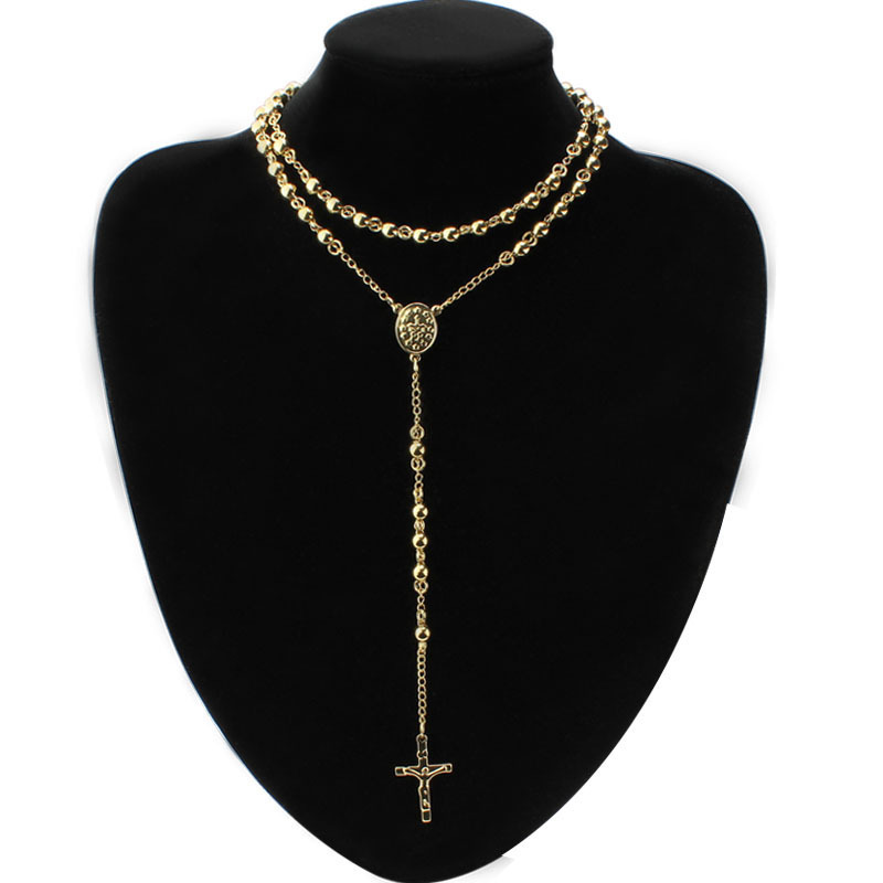 Classical Rosary Beads Catholic Religious Necklace Fashion 18k Gold Plated Stainless Steel Jewelry 6mm Rosary Beads Necklace