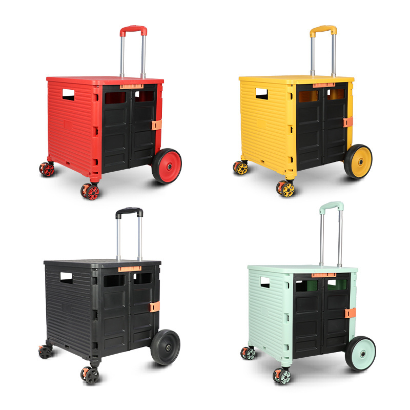 Telescoping Handle Portable Rolling Crate Handcart Durable Heavy Duty Plastic Foldable Utility Cart Folding Shopping Cart