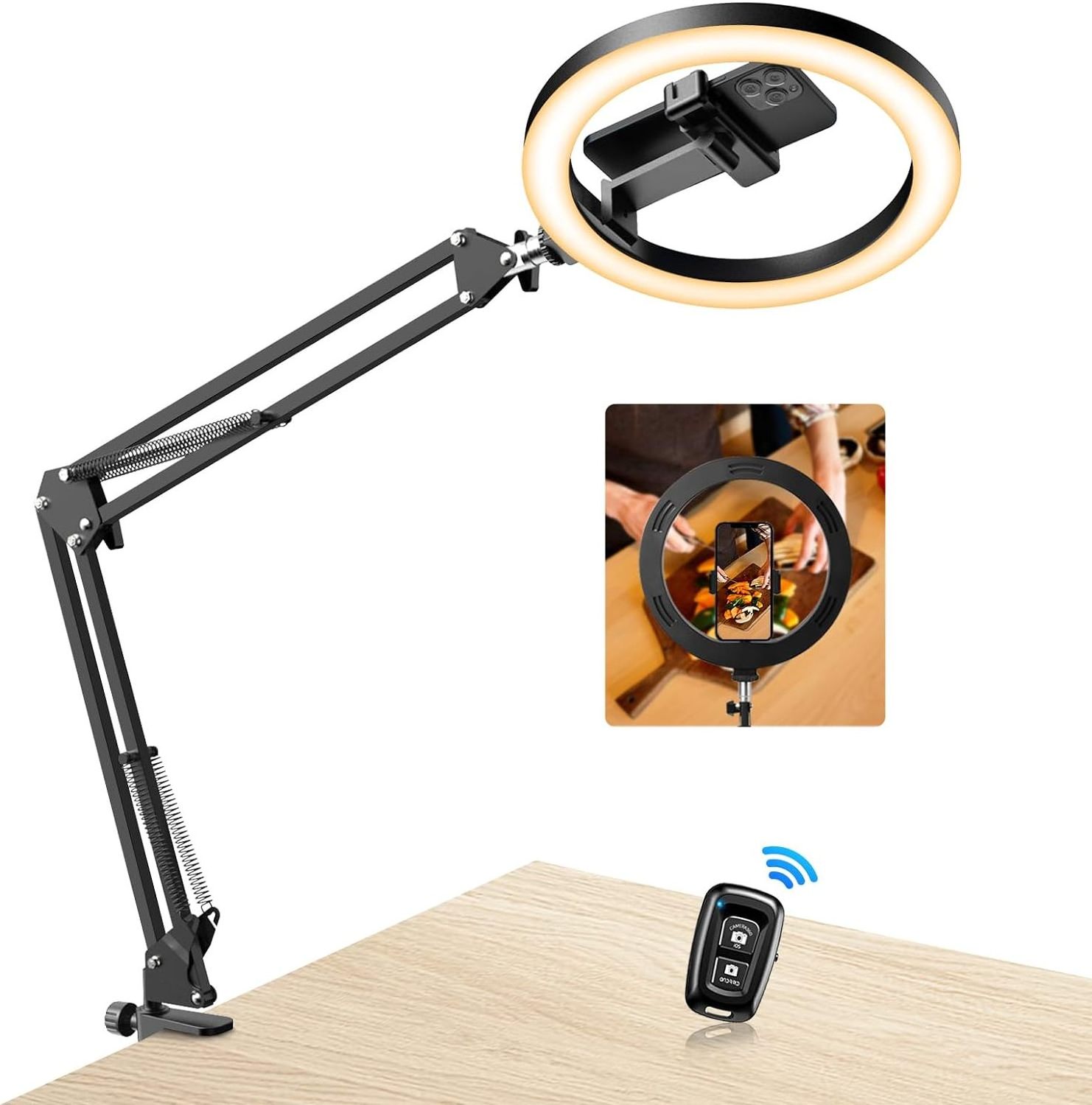 Upgrade Ring Light Overhead  with Stand and Phone Holder10Circle LED Portable Ring Light with Remote Control for Video Recording