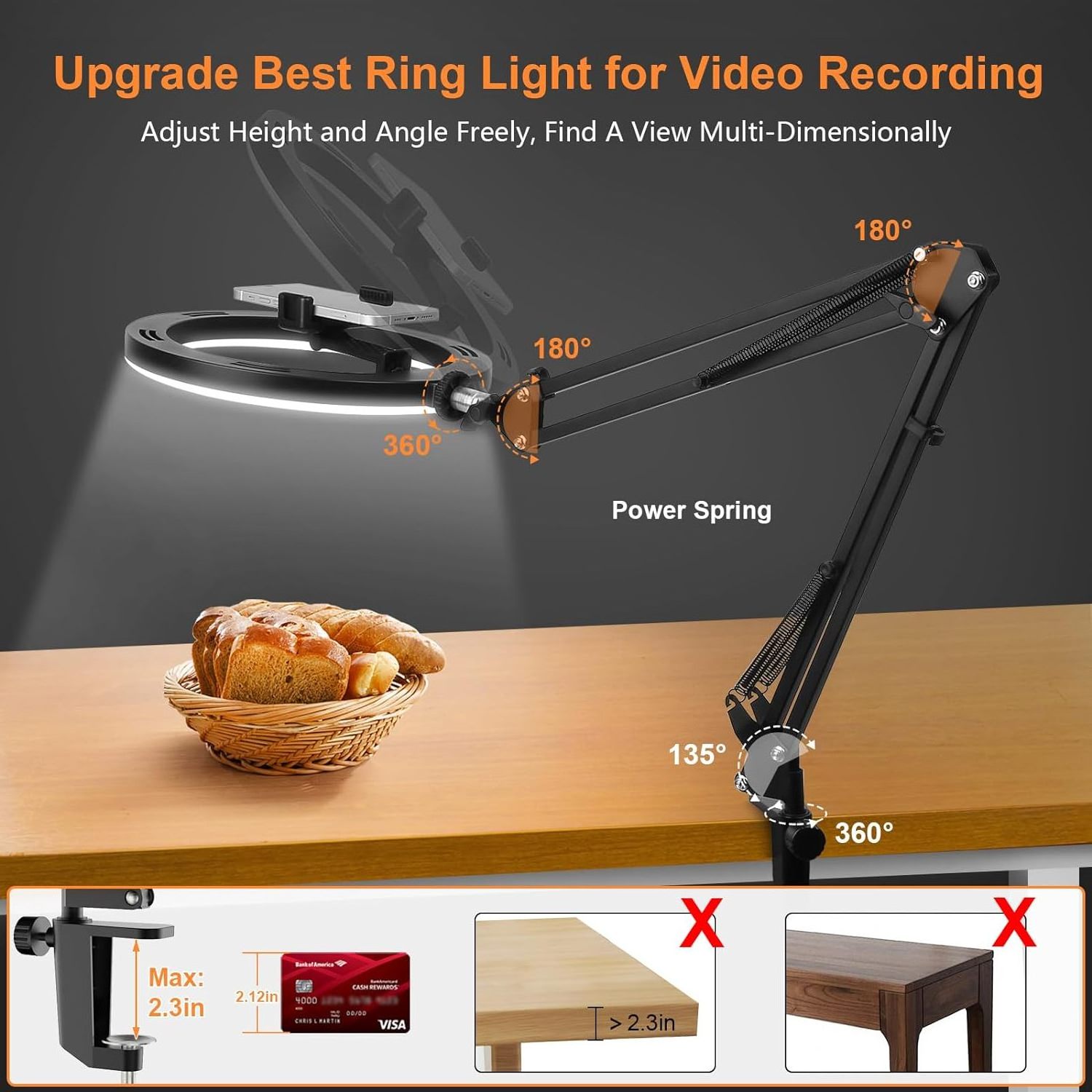 Upgrade Ring Light Overhead  with Stand and Phone Holder10Circle LED Portable Ring Light with Remote Control for Video Recording