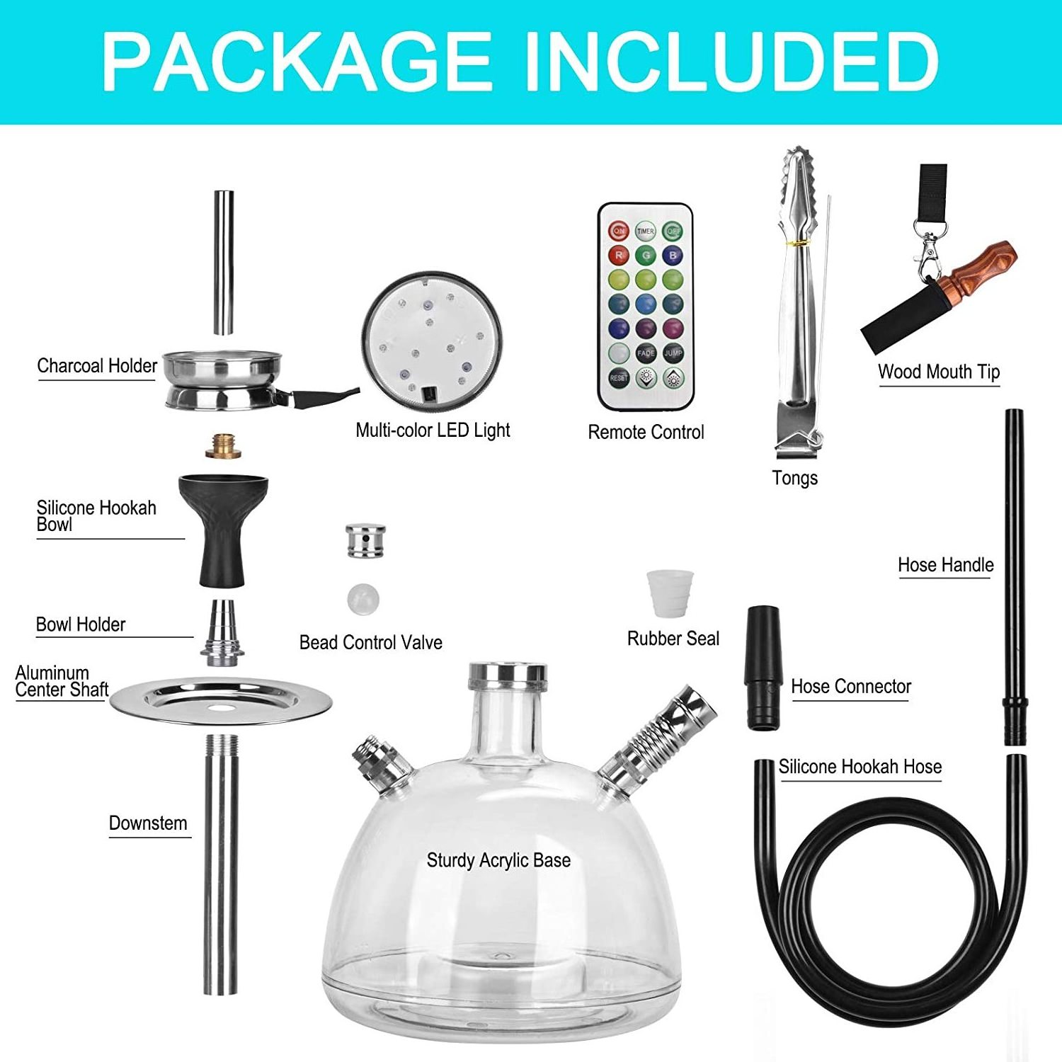 High Quality Bubble Hookah Set Shisha Kit with LED Light, Silicone Hookah Bowl & Hose, Wood Hookah Mouth Tip - 1 Hose