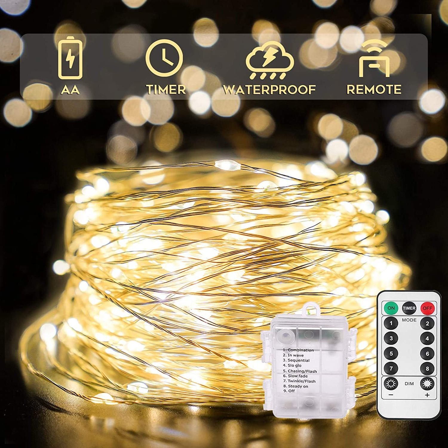 Remote Control 20M 200LEDs 8 Mode Timer Waterproof Battery Operated  Christmas Lights LED Fairy Copper Wire String Light