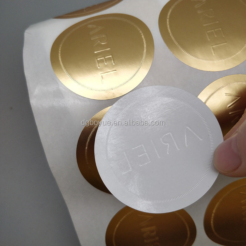 Adhesive Embossing aluminum gold foil paper label stickers printing, Custom Logo Printed Gold Foil Embossed Seal sticker