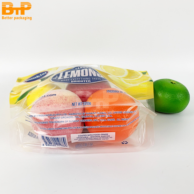 Custom made Fresh Lemon Fruit Packaging Plastic Pouch with Zipper Lock And Anti-fog For Fruit Vegetable Zipper Packing Bag