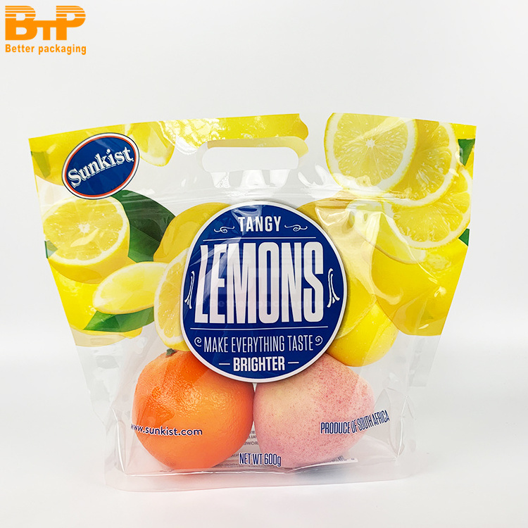 Custom made Fresh Lemon Fruit Packaging Plastic Pouch with Zipper Lock And Anti-fog For Fruit Vegetable Zipper Packing Bag