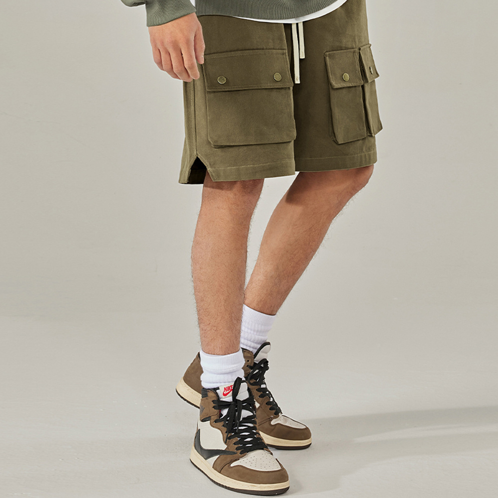 OEM Custom 100% Cotton Tall Big Men's shorts elastic waist flap pocket camo shorts with string Wide Leg streetwear cargo shorts