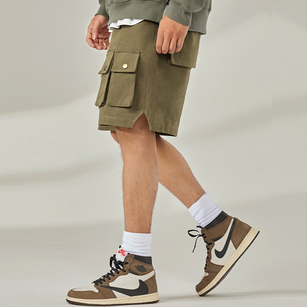 OEM Custom 100% Cotton Tall Big Men's shorts elastic waist flap pocket camo shorts with string Wide Leg streetwear cargo shorts