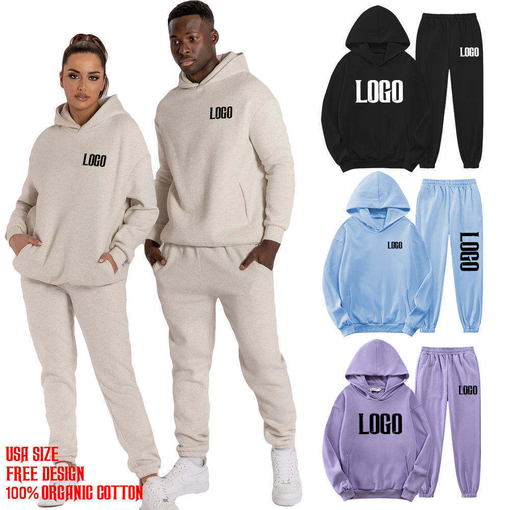 High Quality 100% Cotton 380 GSM Unisex Pullover Sweatpants And Hoodie Set Custom Logo Screen Puff Printing French Terry Hoodie