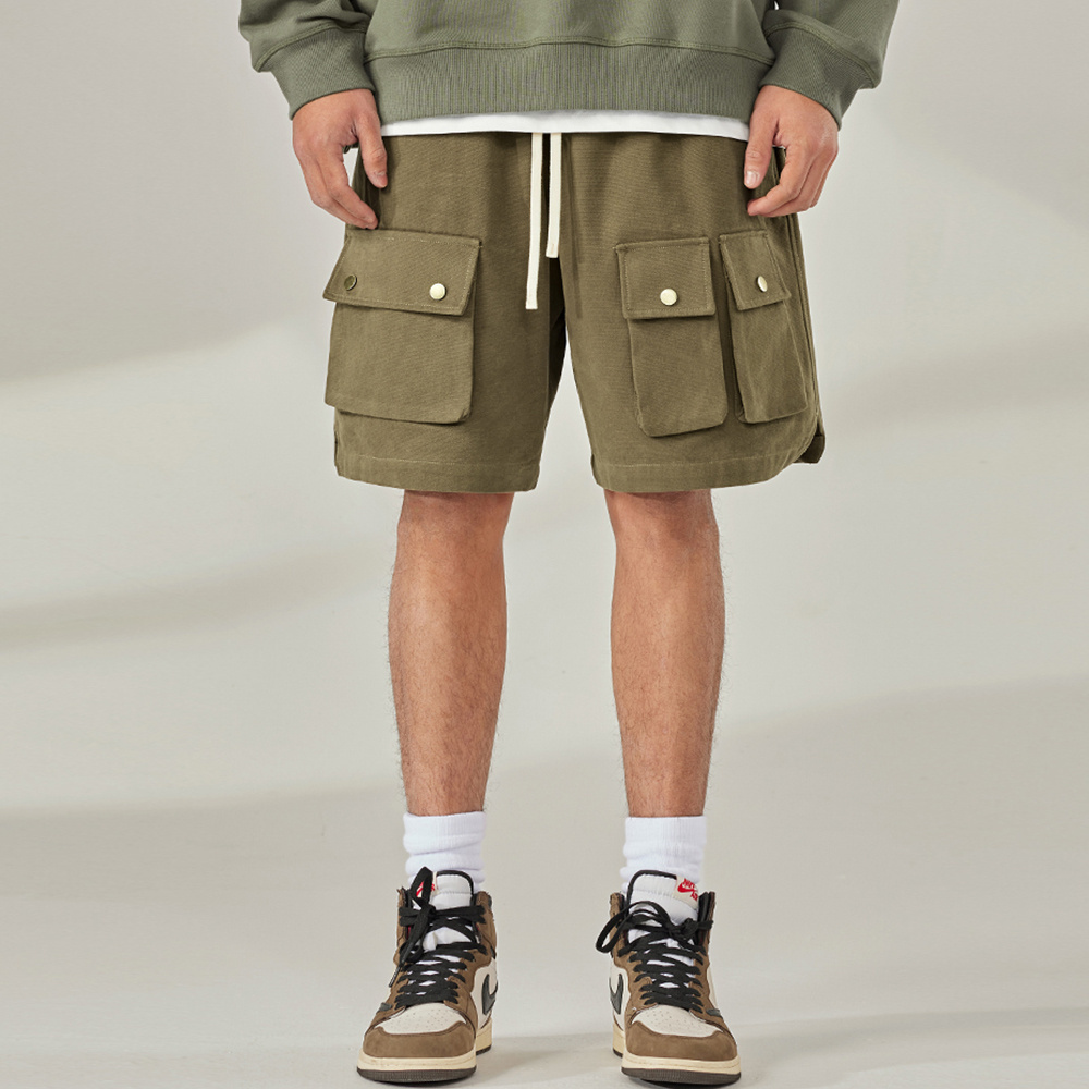 OEM Custom 100% Cotton Tall Big Men's shorts elastic waist flap pocket camo shorts with string Wide Leg streetwear cargo shorts