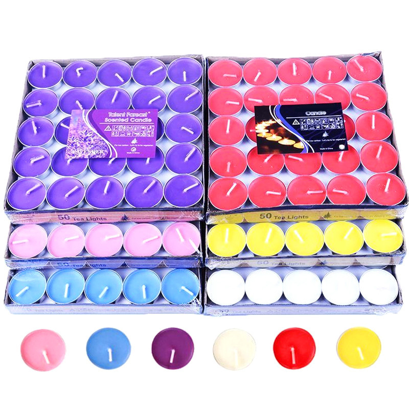 Factory Direct Selling 50pcs bulk Paraffin Wax Colorful Tealight Candles For Birthday Diwali Yoga and Meditation