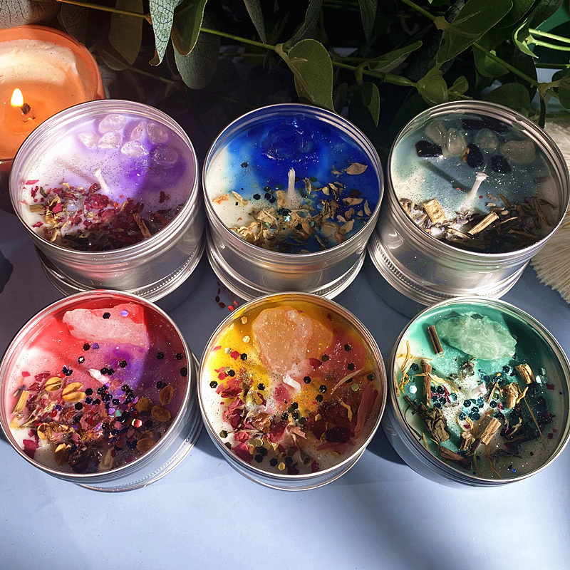 DGC Ins Healing Crystal Metal Tin Candle Jar Luxury Scent Zodiac Candle with Color Crystal Inside Manifestation Candle for Women