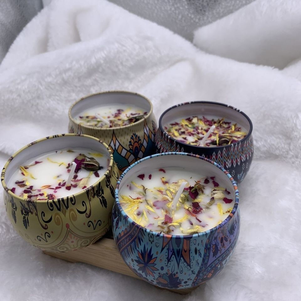 Dry flowers luxurious aromatherapy candles tinplate soy wax indoor spices smokeless aroma candles home decorations