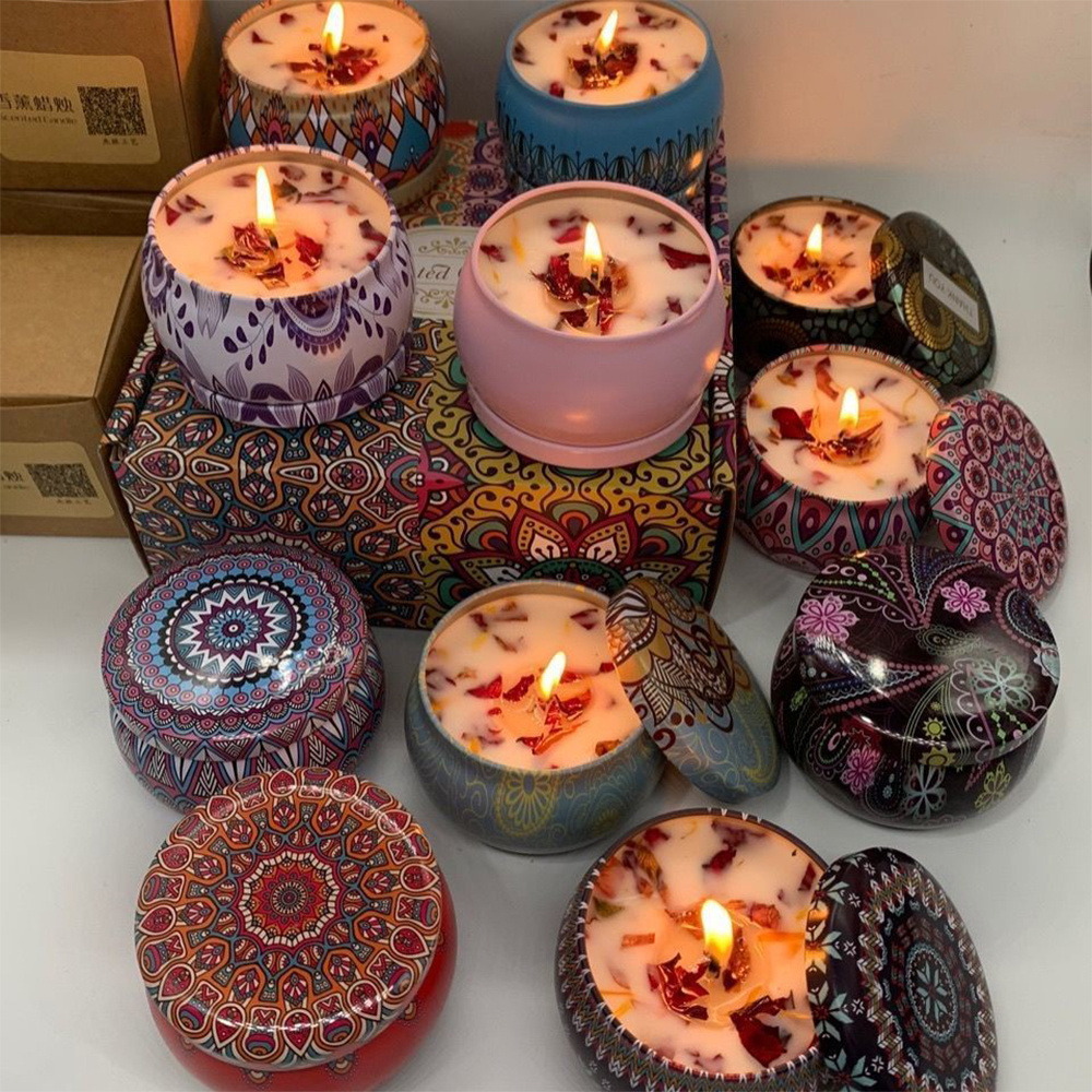 Dry flowers luxurious aromatherapy candles tinplate soy wax indoor spices smokeless aroma candles home decorations