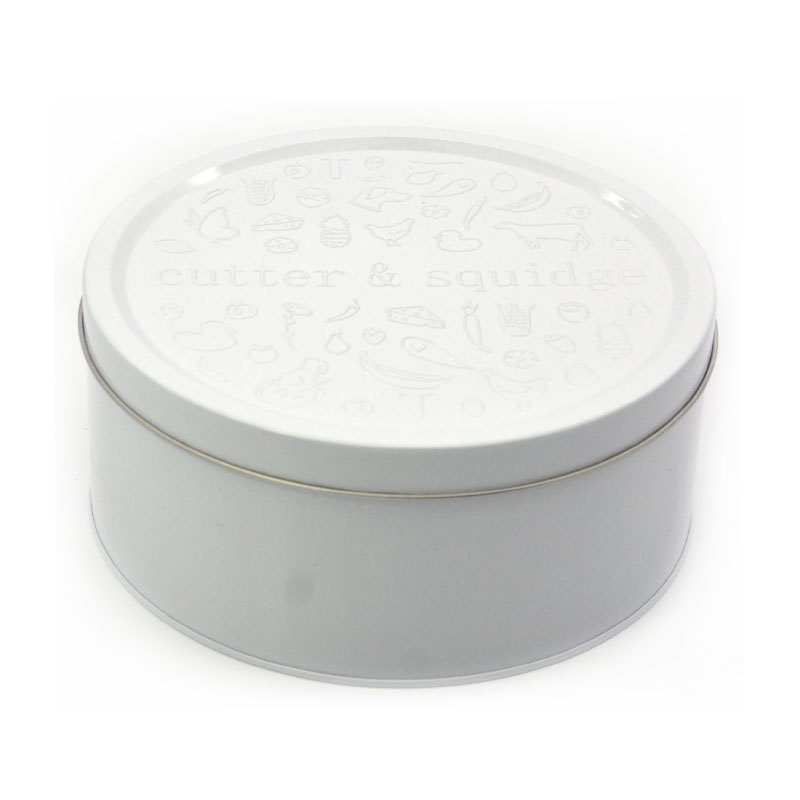 Full White Coating Embossing Round Shape Cookies Tin Box Storage metal box with lid