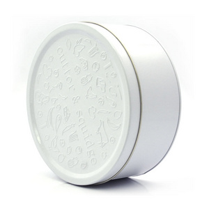 Full White Coating Embossing Round Shape Cookies Tin Box Storage metal box with lid