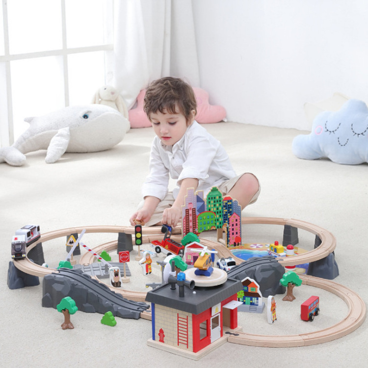 2022 Baby 92pcs christmas table children train railway classic wood mini track for kids wooden model set train slot toy