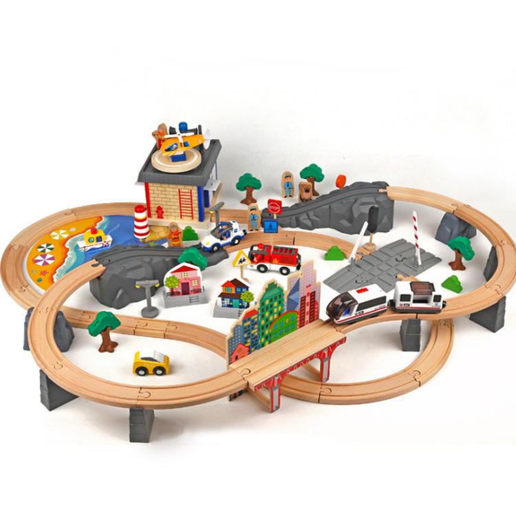 2022 Baby 92pcs christmas table children train railway classic wood mini track for kids wooden model set train slot toy