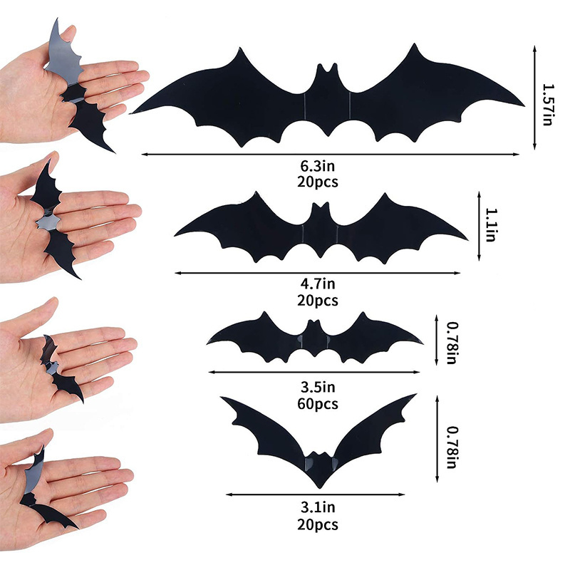 4 Sizes Waterproof Black Spooky Bats Wall Decor 120 Pcs 3D Bat Halloween Decoration Stickers for Home Decor