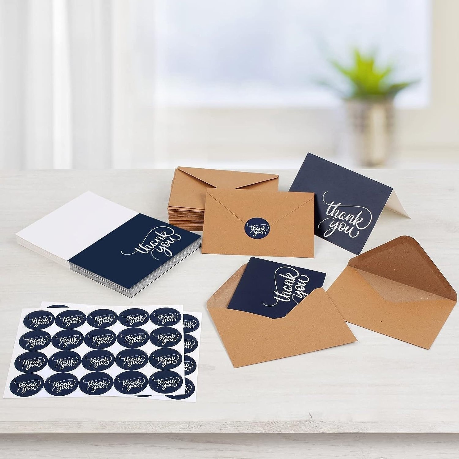 Eco Friendly Navy Blank Thank You Notes Cards with Brown Paper Envelopes and Stickers For Small Business