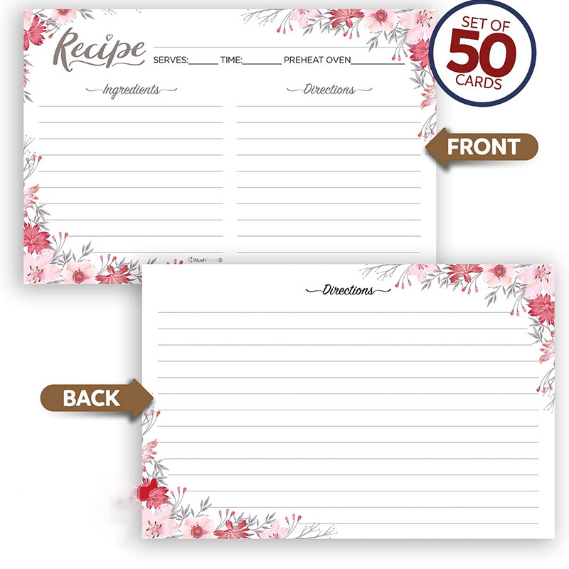 High Quality Custom Large Writing Space Full Color Printing Pink Floral 4x6 Recipe Cards for Wedding