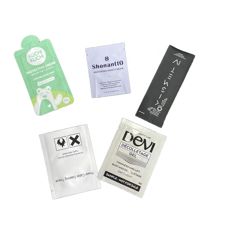 Brand Skincare Cosmetics Sample Sachet Packets Small Three Side Seal Mylar Plastic Bags for Body Lotion Shampoo and Eye Cream