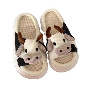 Cartoon Cow Animal Flax Slippers Casual Winter Indoor Home Thick Sole Slippers for Women