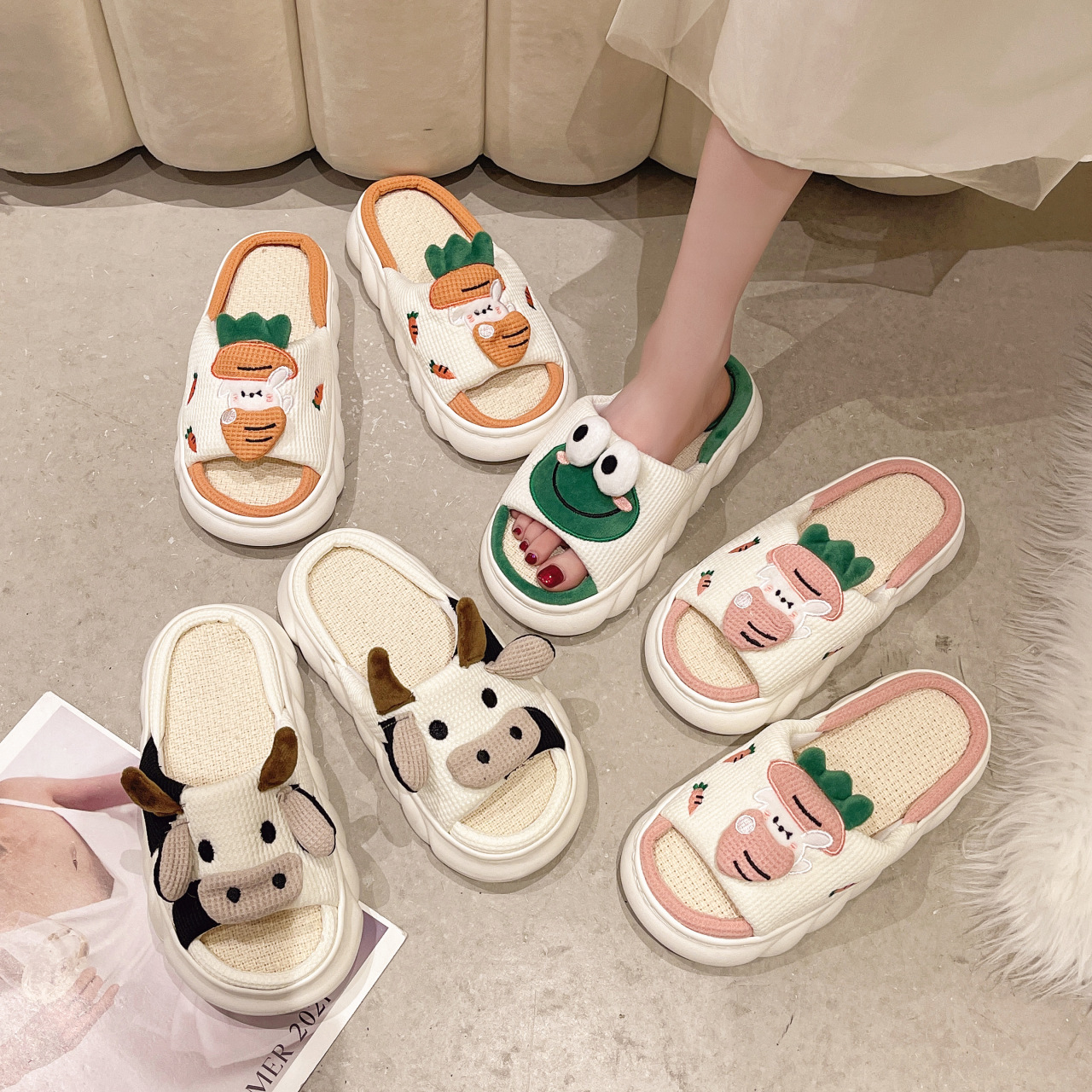 Cartoon Cow Animal Flax Slippers Casual Winter Indoor Home Thick Sole Slippers for Women