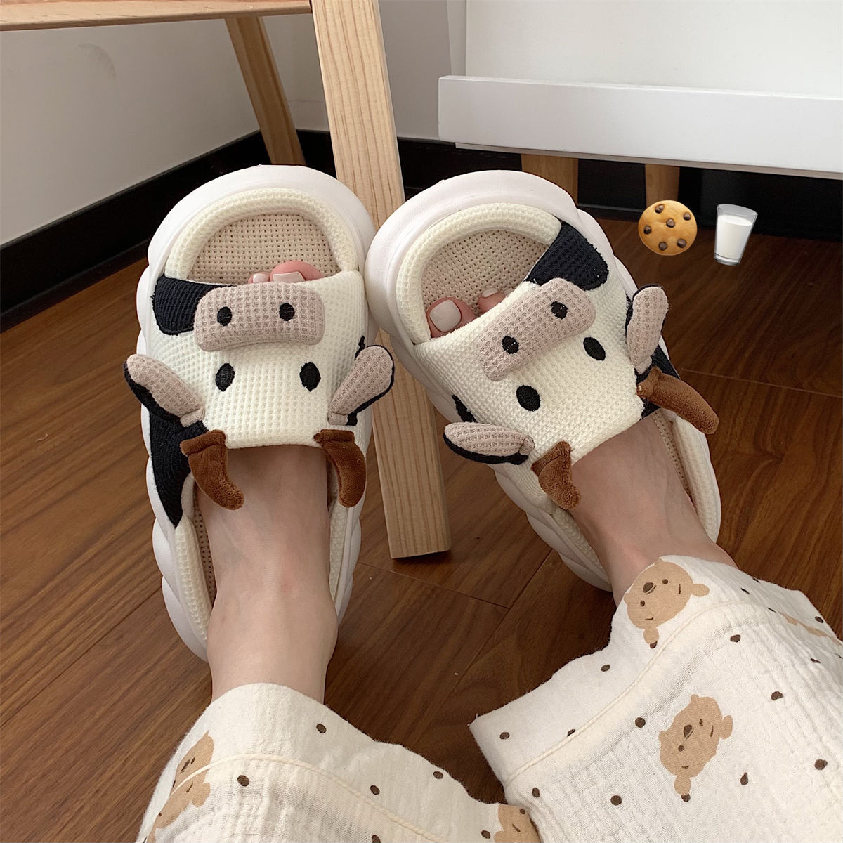 Cartoon Cow Animal Flax Slippers Casual Winter Indoor Home Thick Sole Slippers for Women