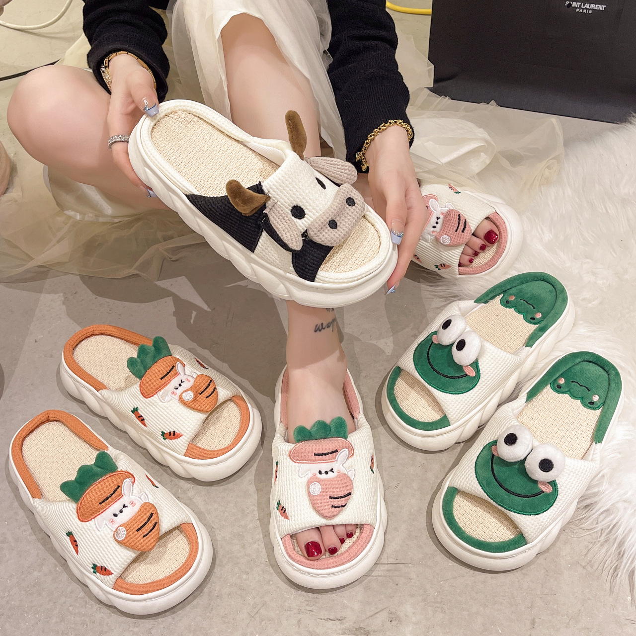 Cartoon Cow Animal Flax Slippers Casual Winter Indoor Home Thick Sole Slippers for Women