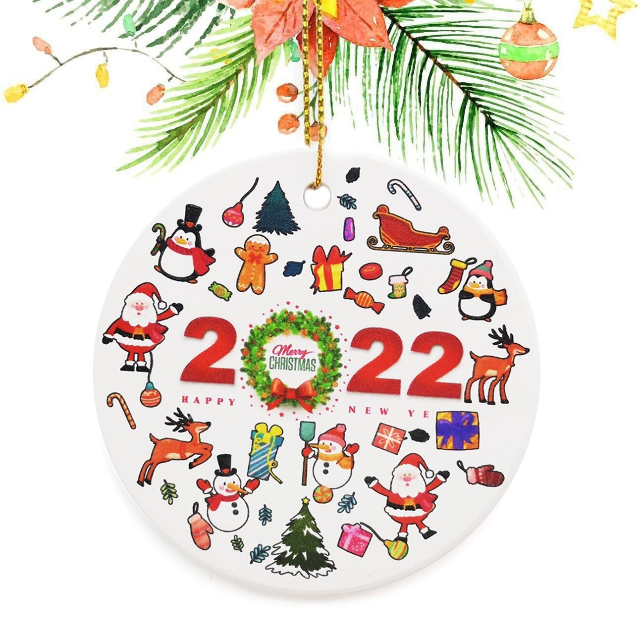 2022 Personalised Custom Round Circle Sublimation Blank Ceramic Hanging Christmas Ornaments Tree Ornament