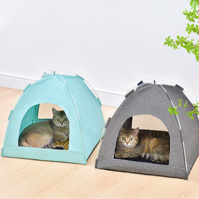 Kitty Camp Crinkle Cat Tent Cave Hideaway House with Nondeformable Elastic Fiber Frame and Removable Cushion for Indoor Cats