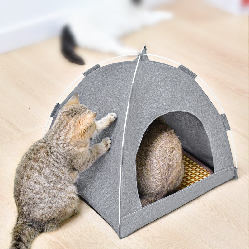 Kitty Camp Crinkle Cat Tent Cave Hideaway House with Nondeformable Elastic Fiber Frame and Removable Cushion for Indoor Cats